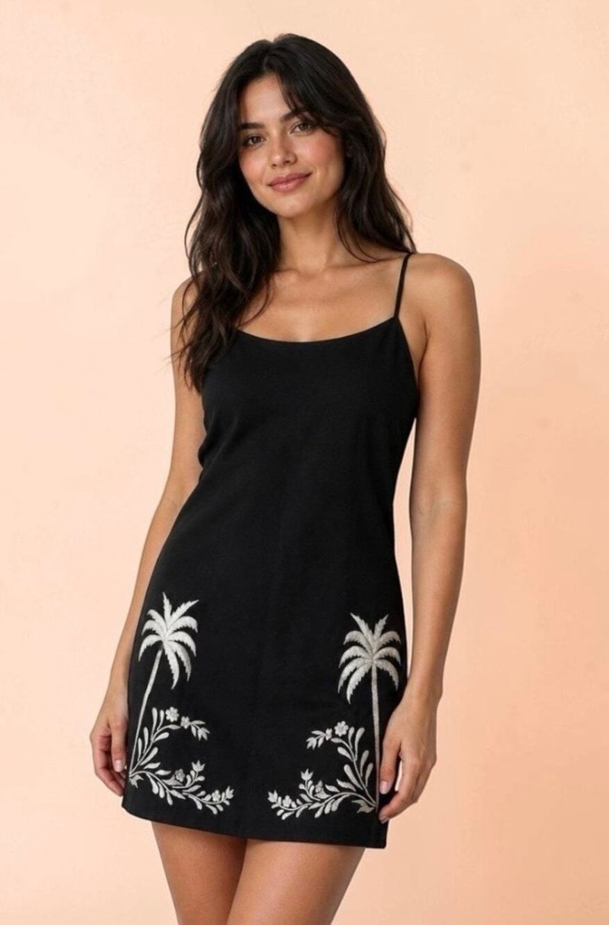 Calypso St Barth Black Linen Embroidered Palm Tree Mini Dress Medium